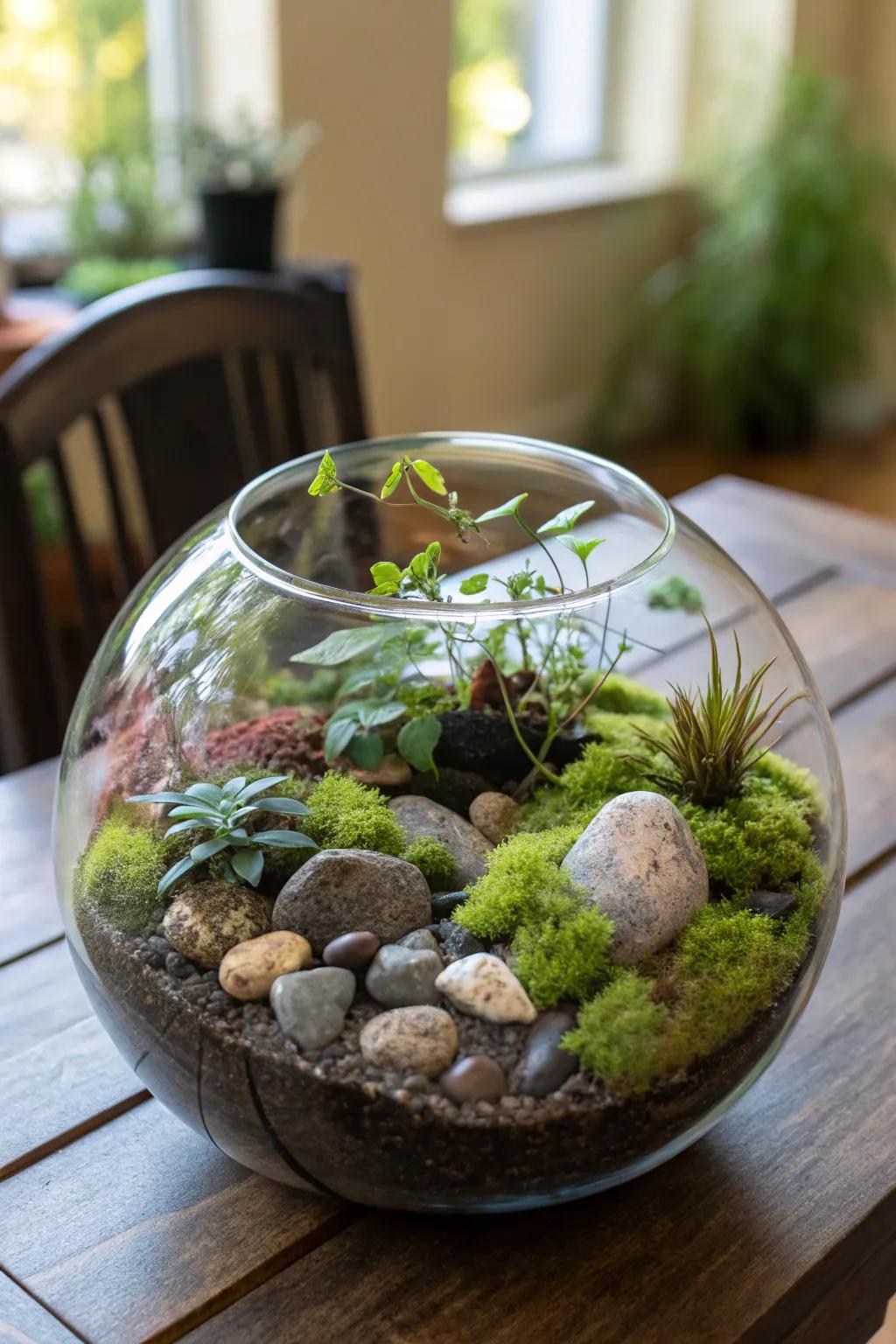 A terrarium affords a captivating glimpse into a minute ecosystem.