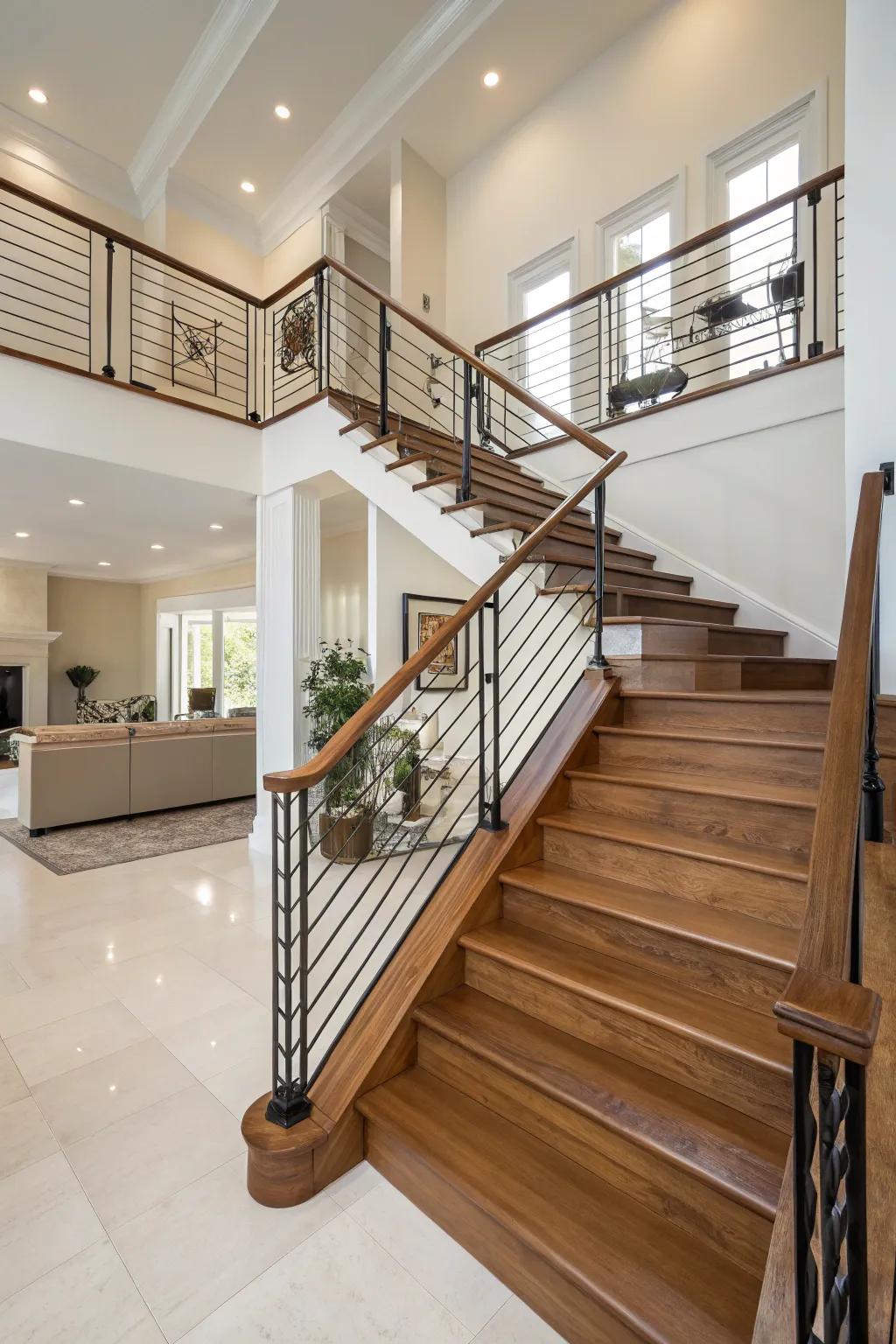Mixed materials bring texture and warmth to your stairs.