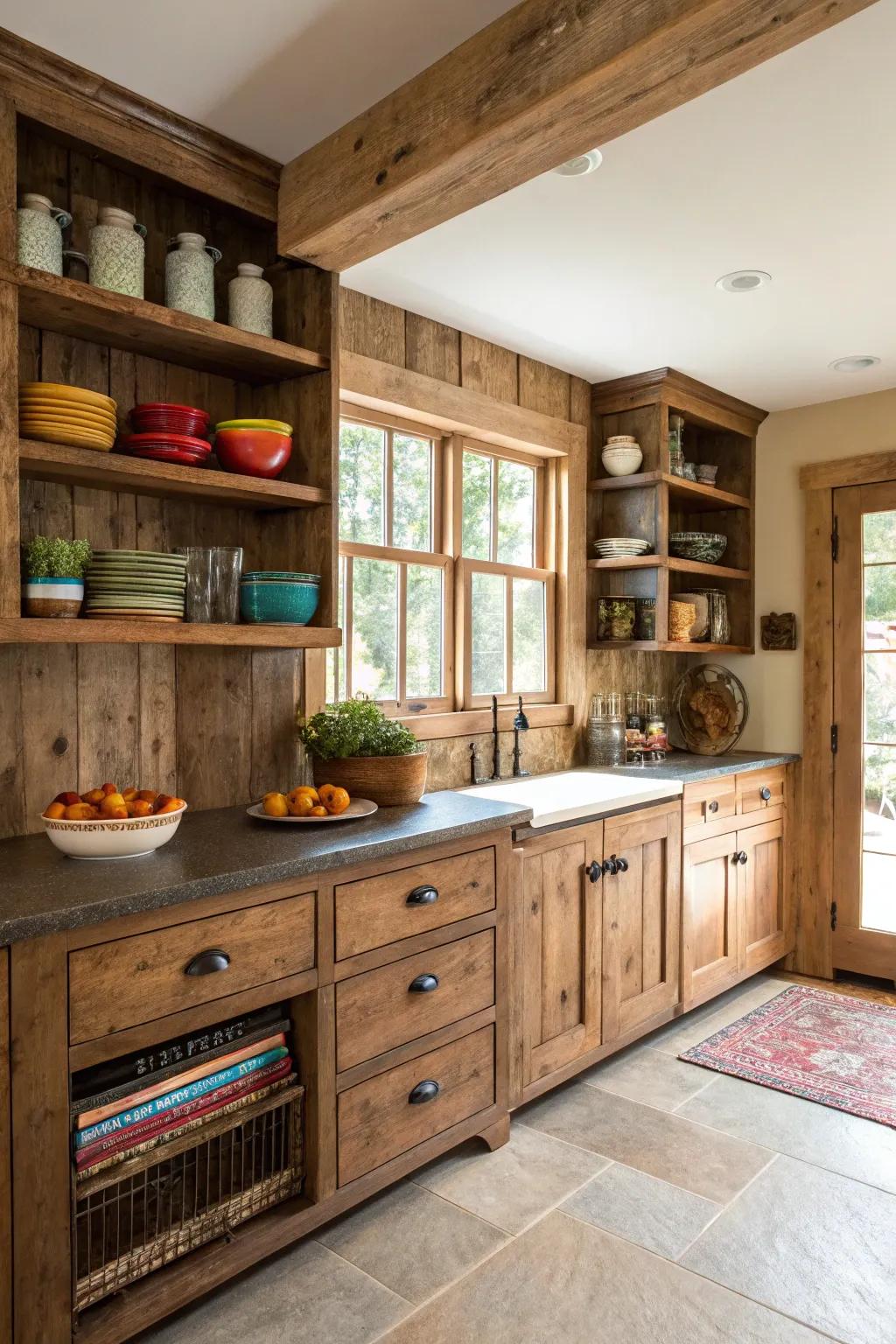 Open shelving accentuates rustic charm and practicality.
