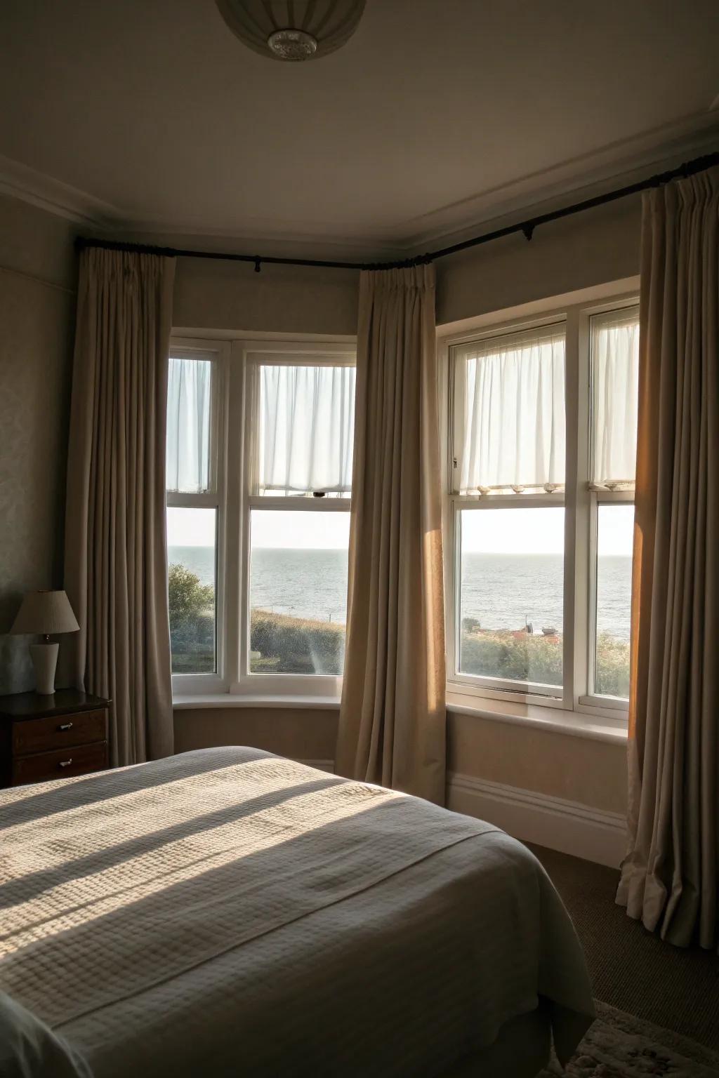 Obscurant curtains furnish both seclusion and insulation.