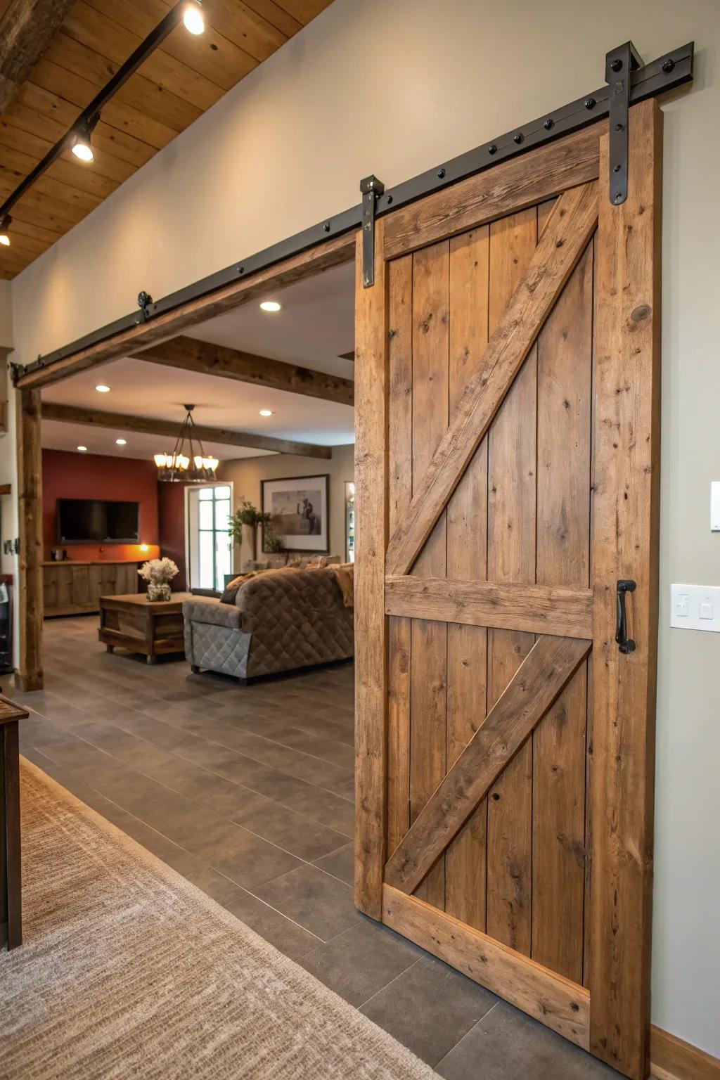 Sliding barn doors enhance rustic charm and functionality.