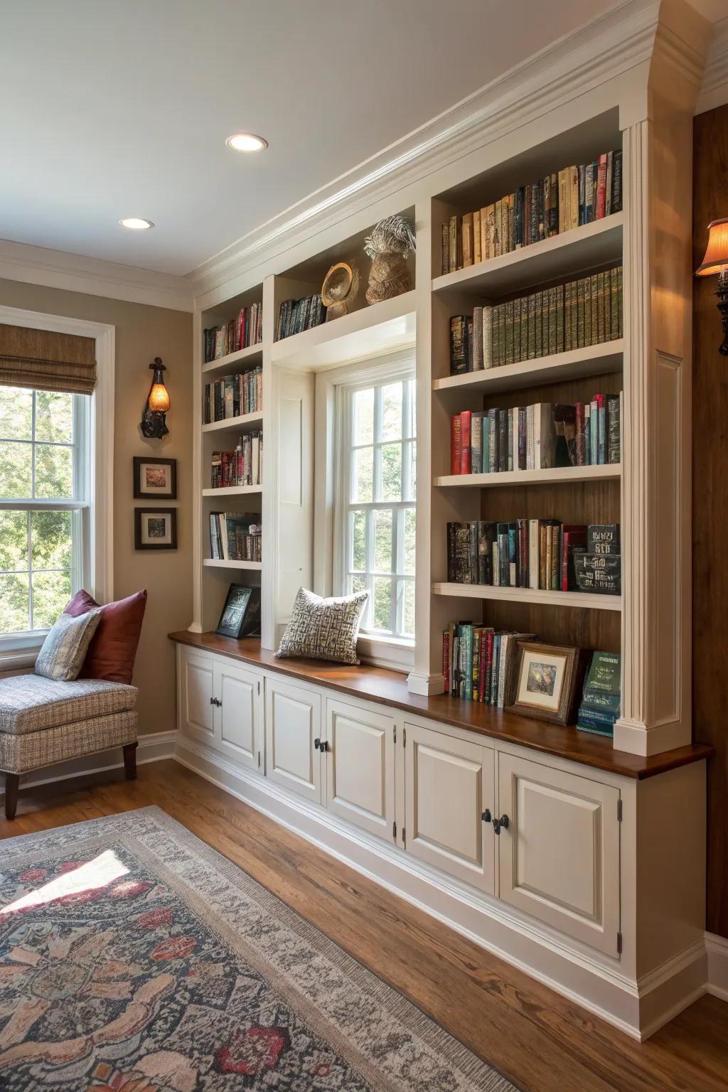 Built-in bookshelves featuring custom trim, which add charm to the home library.
