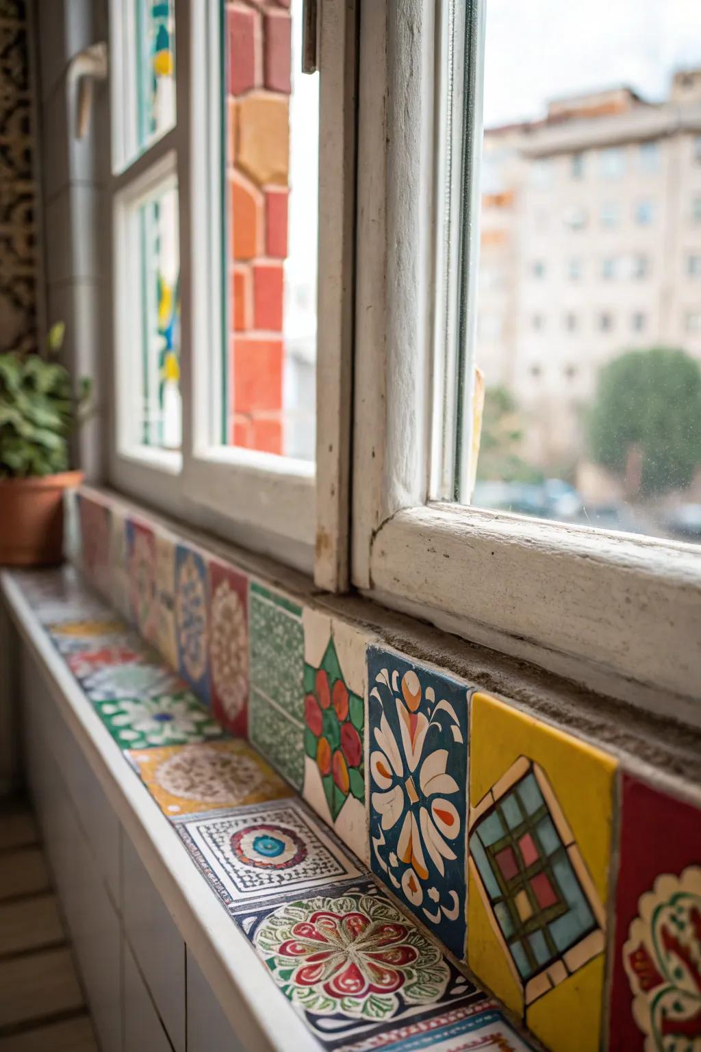 A window ledge embellished with vibrant tiles, thereby contributing an eclectic and inventive nuance.
