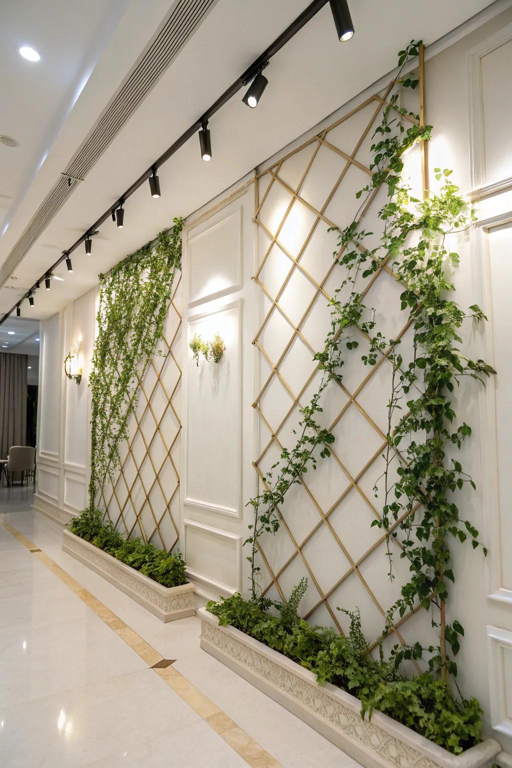 An interior botanical espalier wall augmenting both structure and elegance to the space.