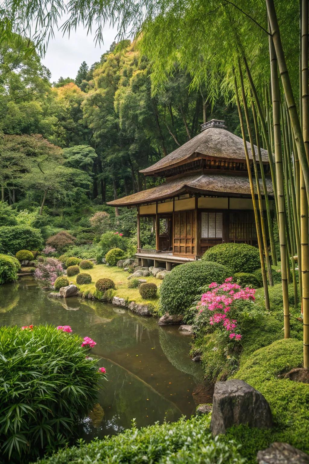 A charming tea chamber nestled inside a Japanese garden.