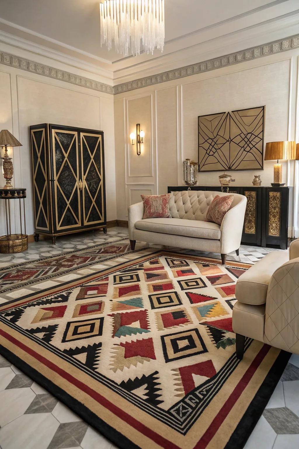 Floor coverings with daring patterns anchor and define the space.