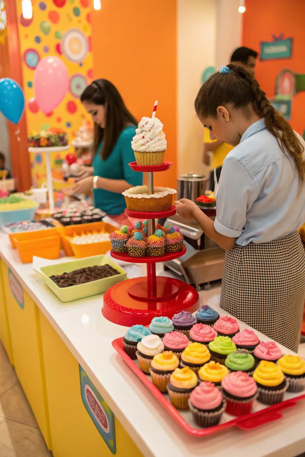 An interactive cake creation station with cupcakes and toppings for decorating.