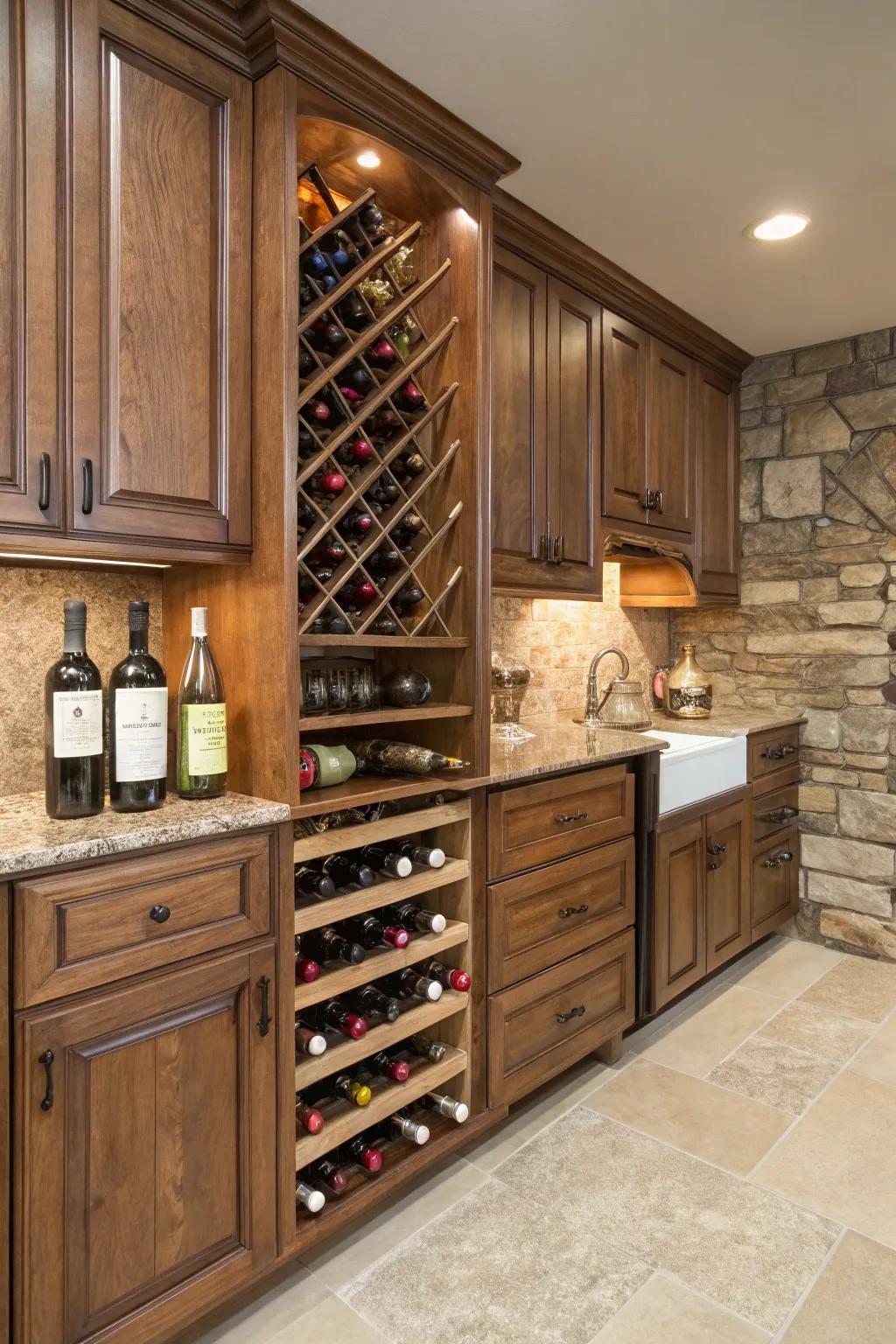 A corner wine rack enhances elegance and practicality.
