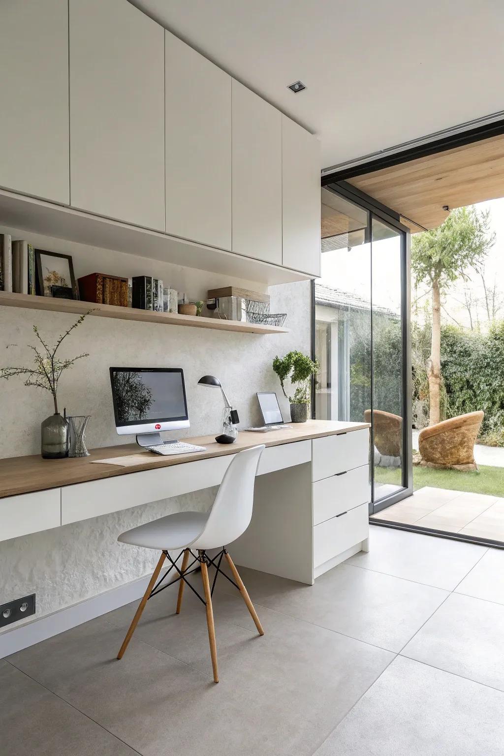 A minimalist kitchen featuring a streamlined wall desk design.