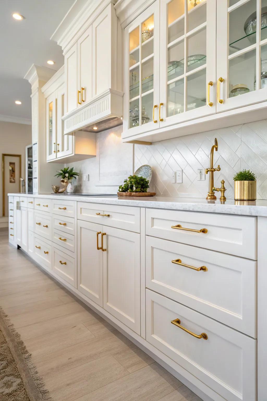 Elegant gilt-accented fixtures elevating the kitchen's luxury.