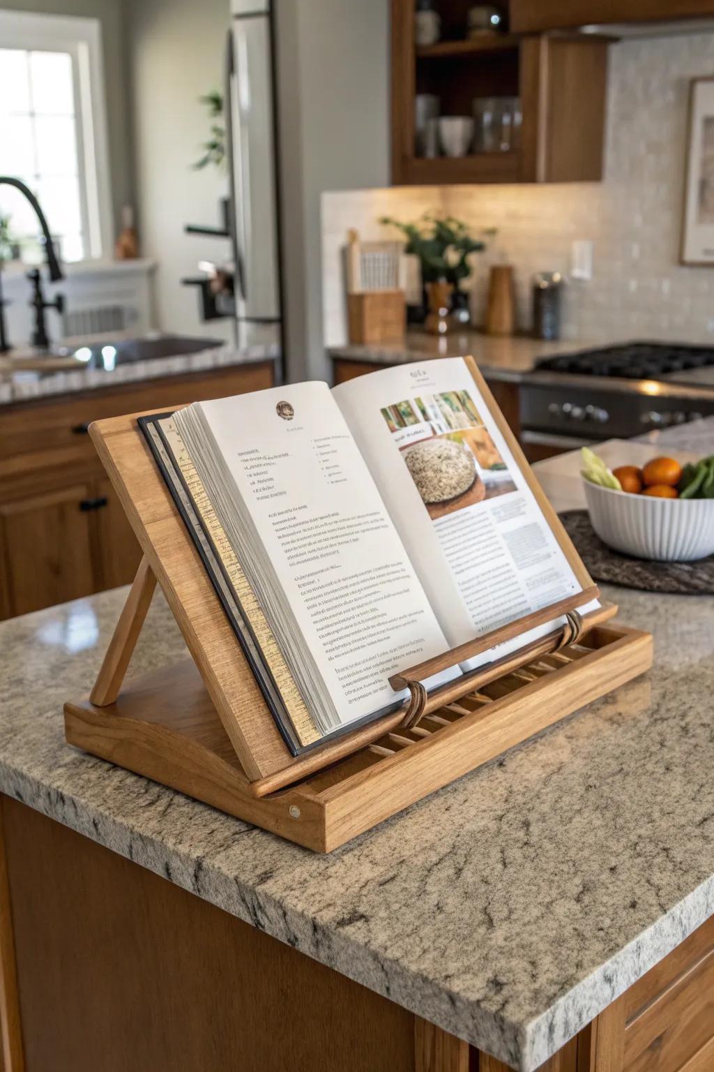A cookbook display enhances charm and provides culinary inspiration.