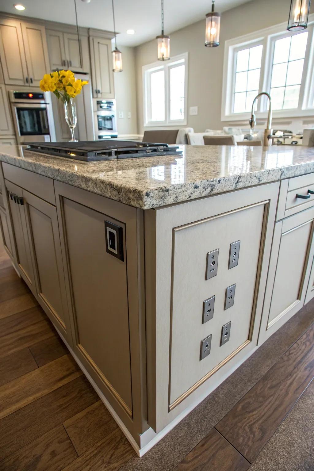Simulated cabinet panels offer a cohesive integration of outlets.