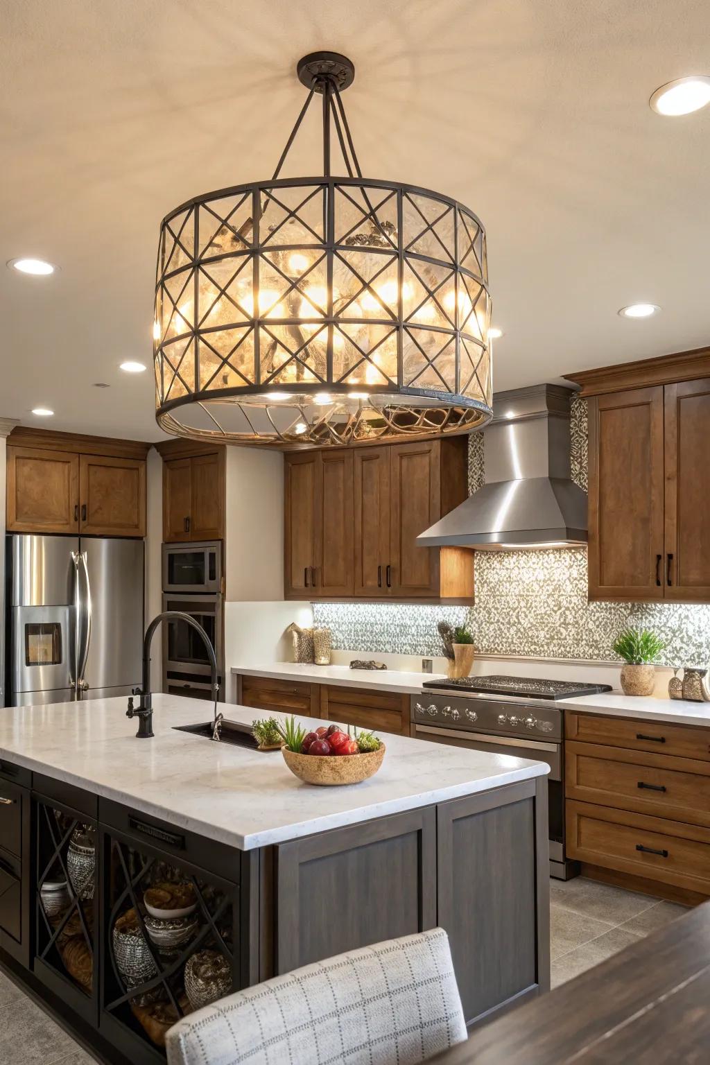 A substantial statement luminaire transforms this culinary space into an extraordinary realm.