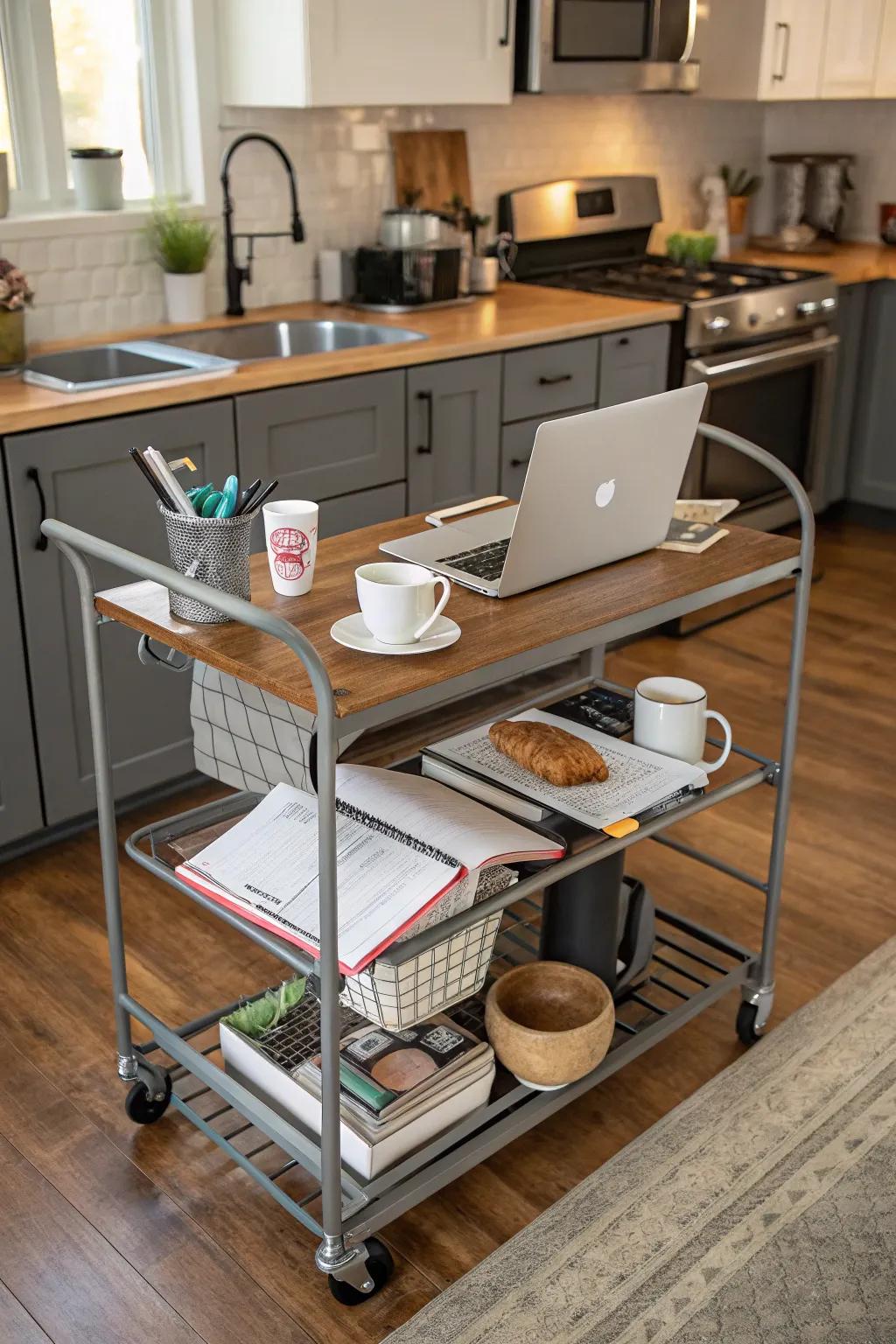 A portable cart enhances flexibility in the kitchen workspace.