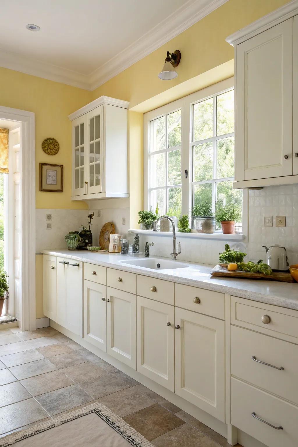 Gentle lemon walls introduce a cheerful and sunny vibe.