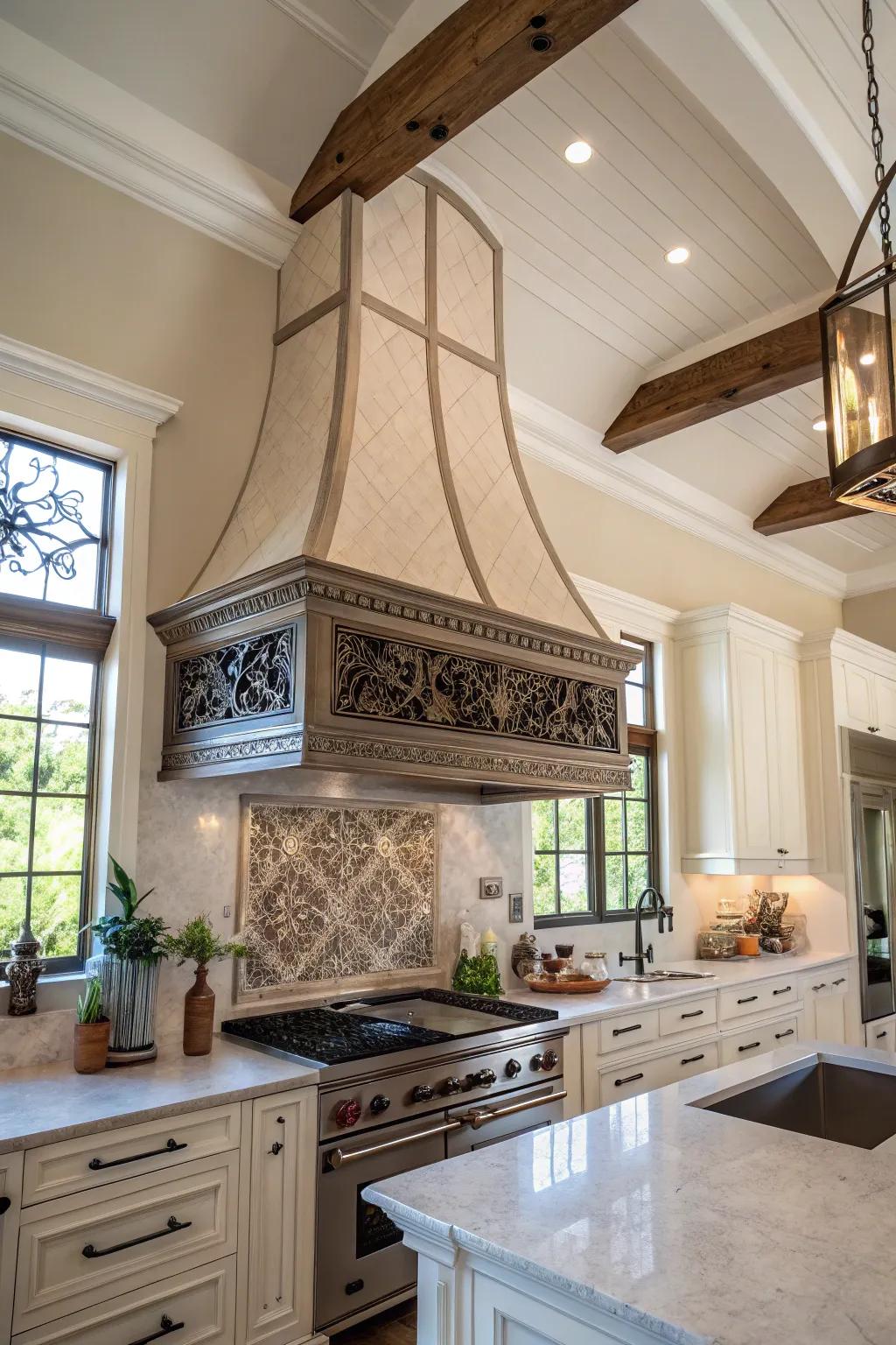 A ornamental range hood introduces visual fascination and elegance.