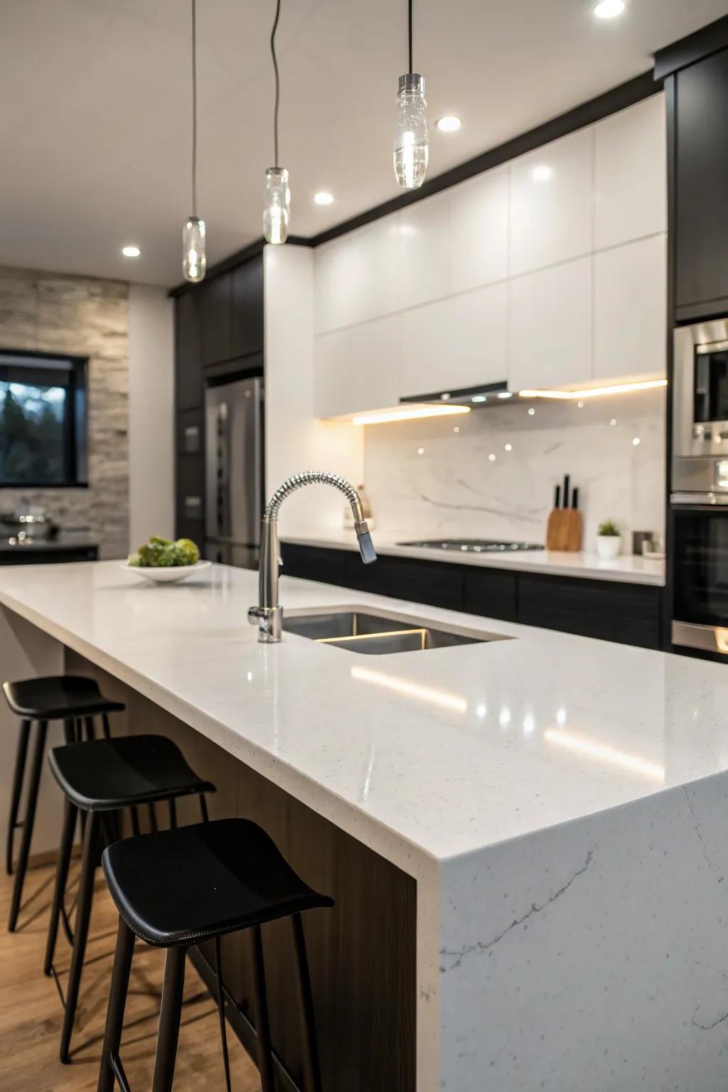 Contemporary monochrome charm with quartz countertops creating a harmonious balance.