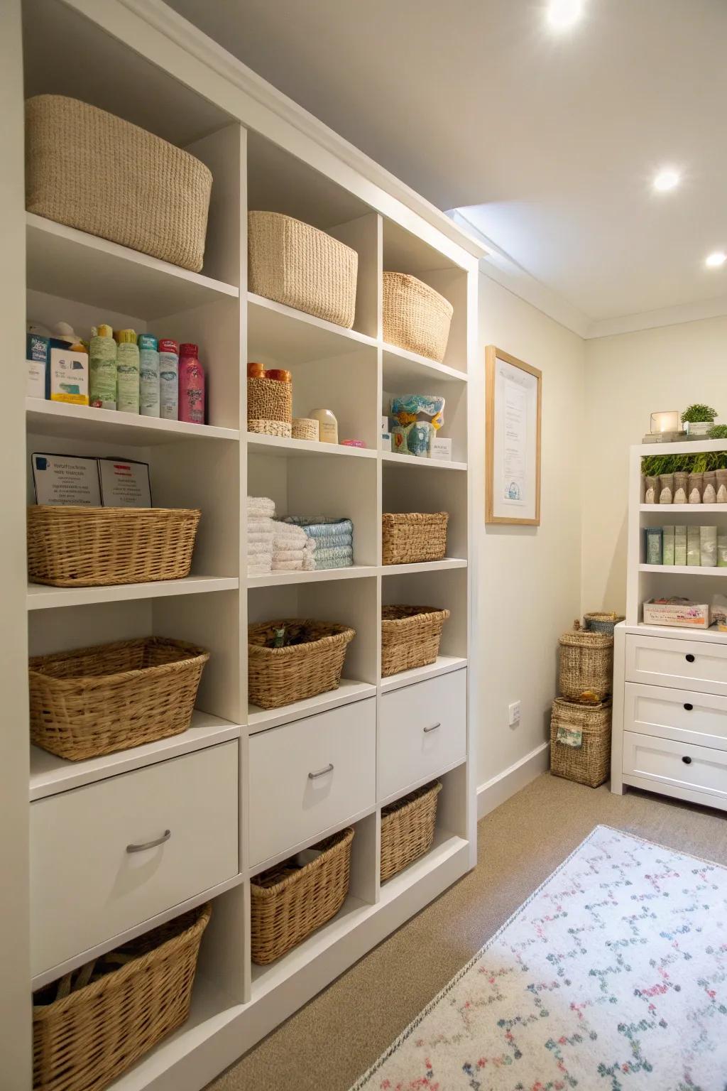 Fitted shelving and containers offer innovative storage solutions.