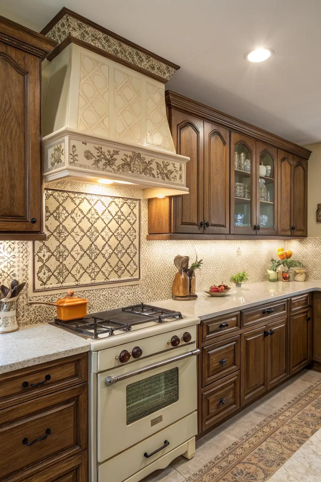 Nostalgic-themed laminate backsplash provides a retro kitchen ambiance.