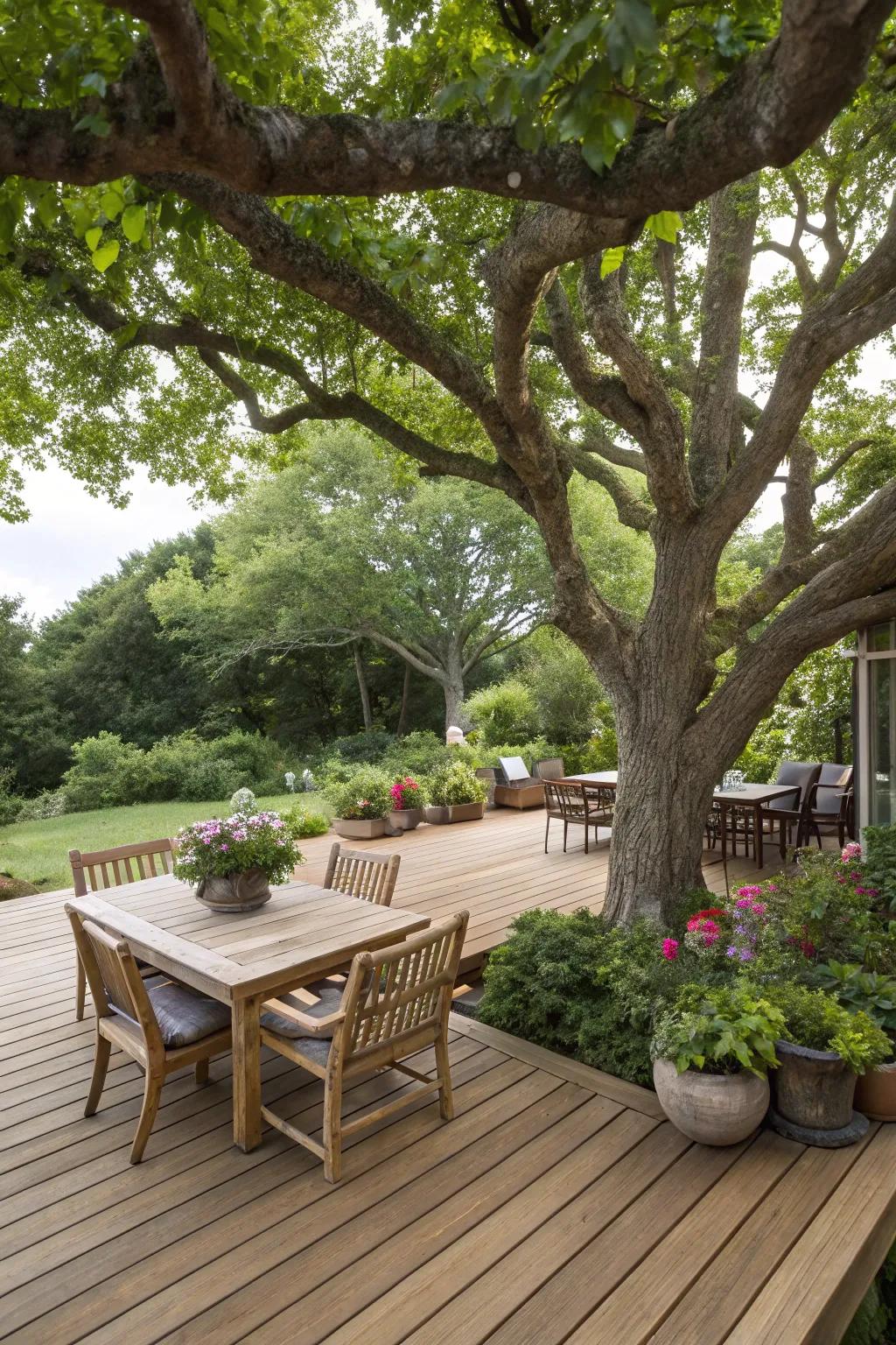 A tree can represent the centerpiece of an alluring deck or terrace.