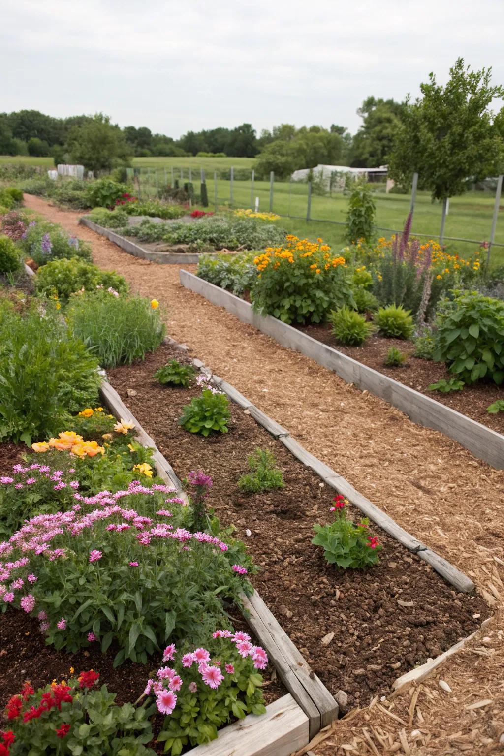 Delineate garden segments with surface cover boundaries.