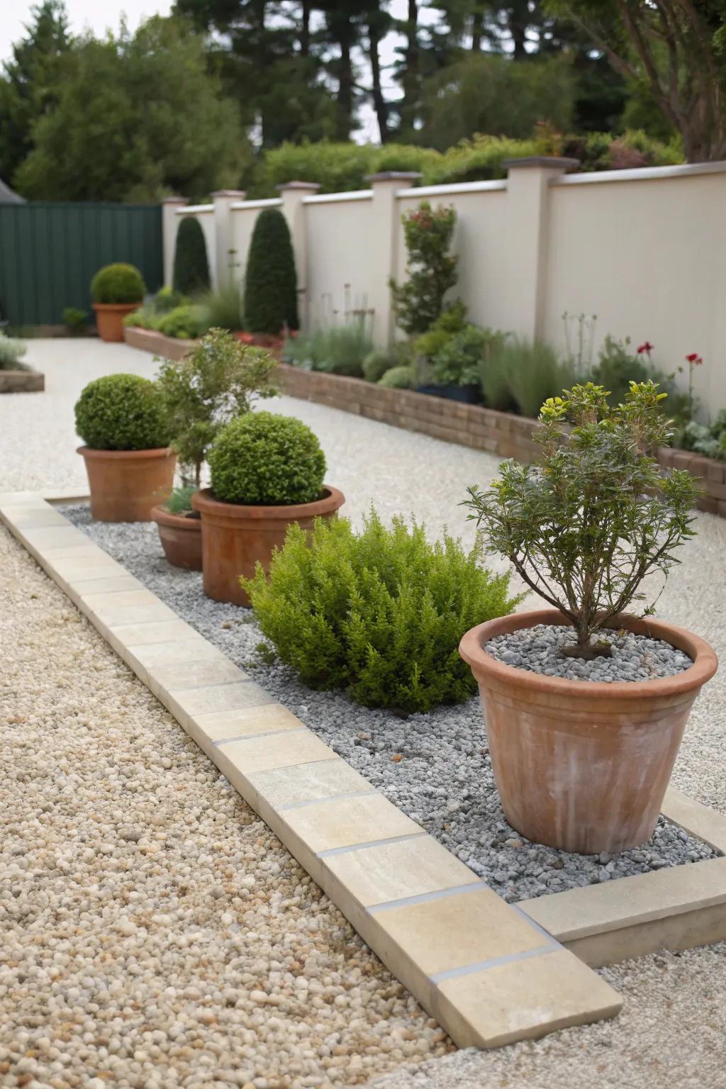 A gravel garden zone featuring potted plants, delivering a minimal-care landscape option.