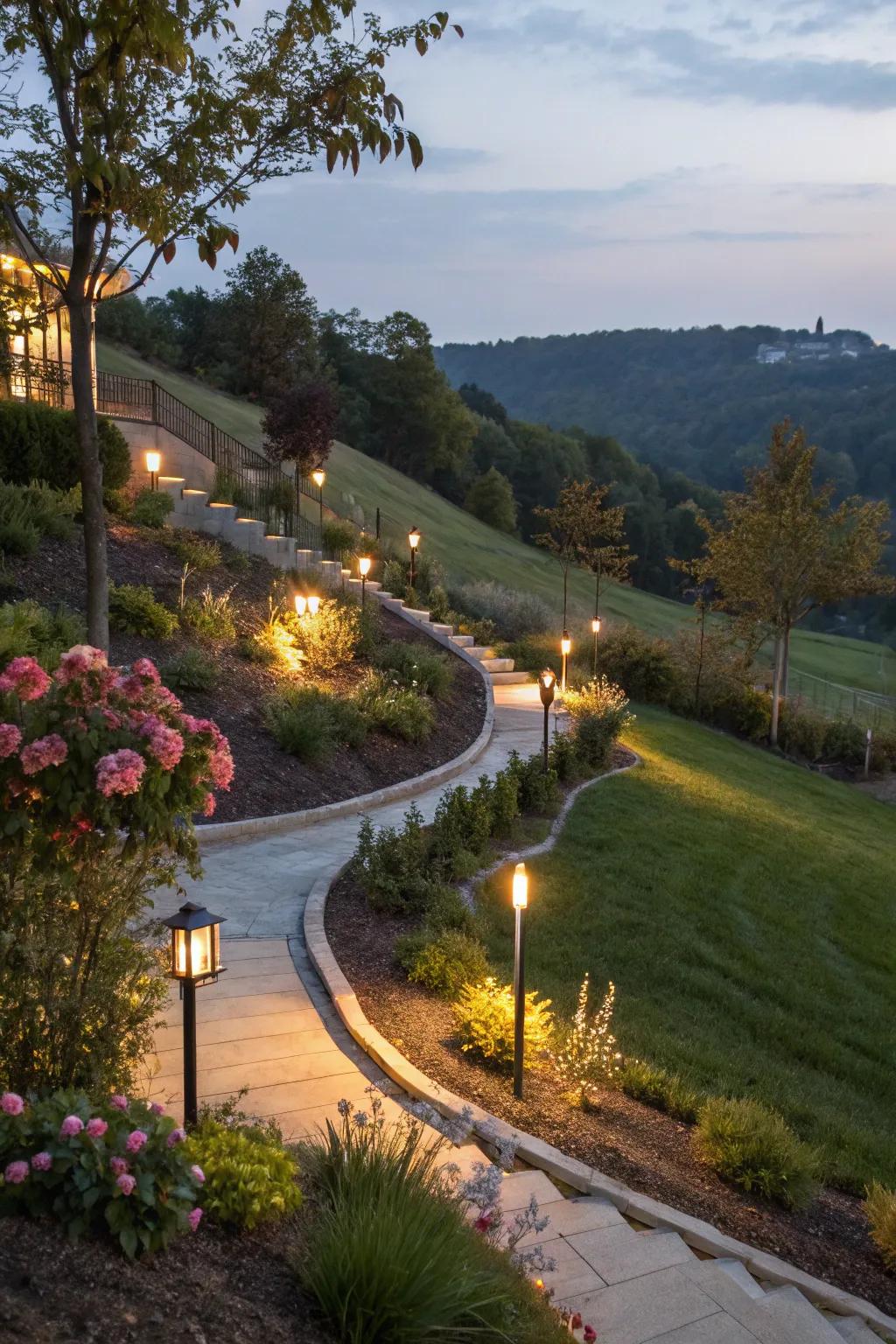 Illumination enhances the aesthetic and utility of garden gradients after sundown.