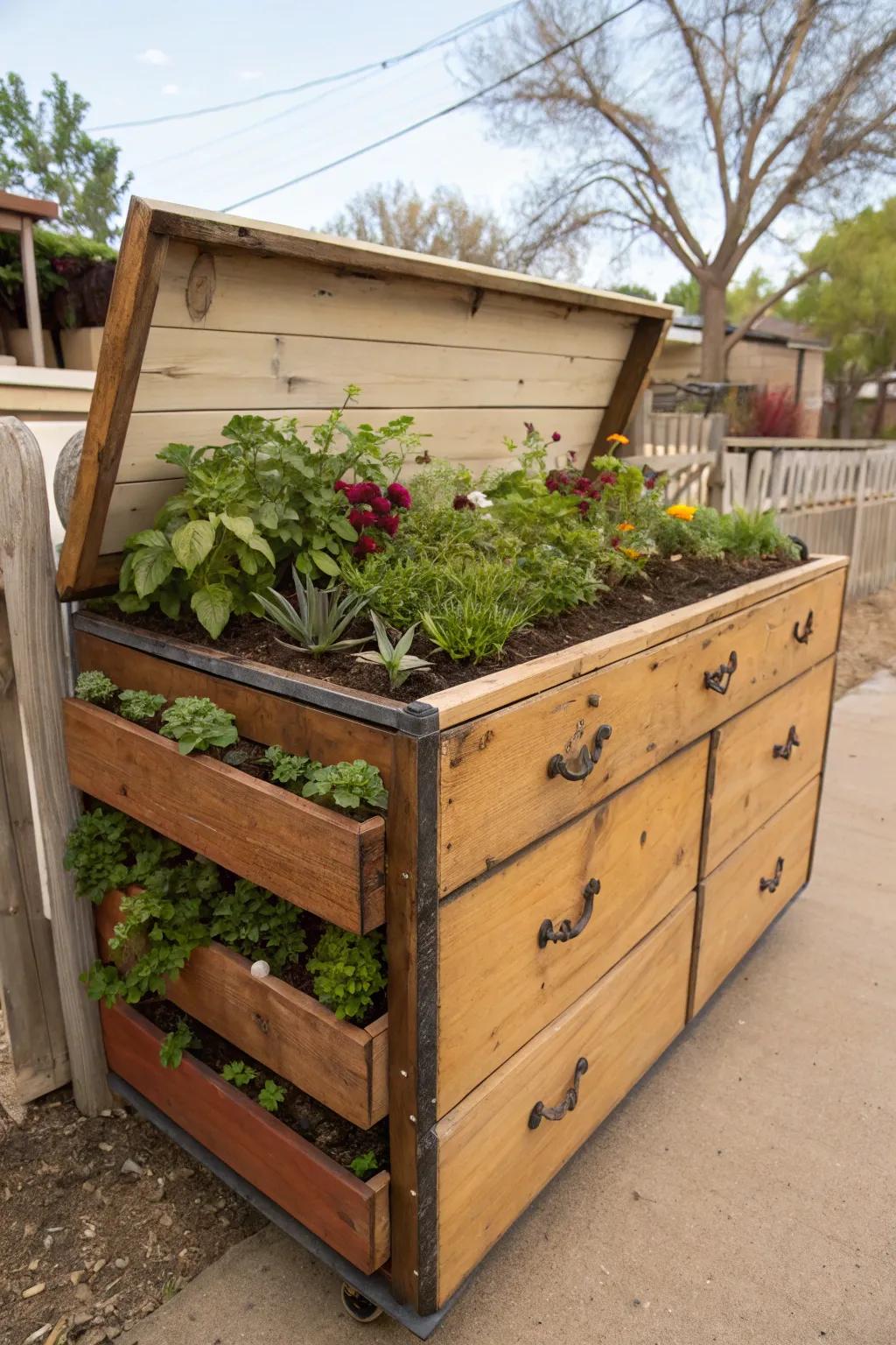Aged furnishings can be imaginatively repurposed into charming raised beds.