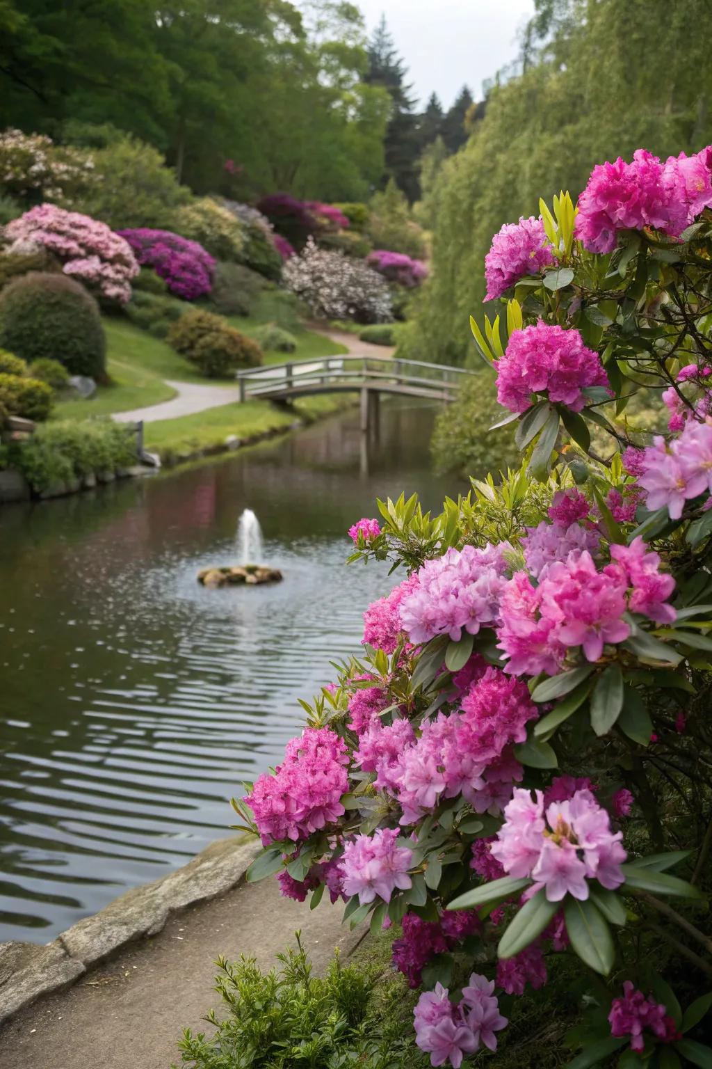 Rhododendrons enhance a serene garden fountain.