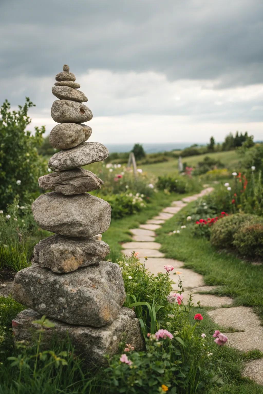 Rock sculptures introduce height and focal interest to gardens.