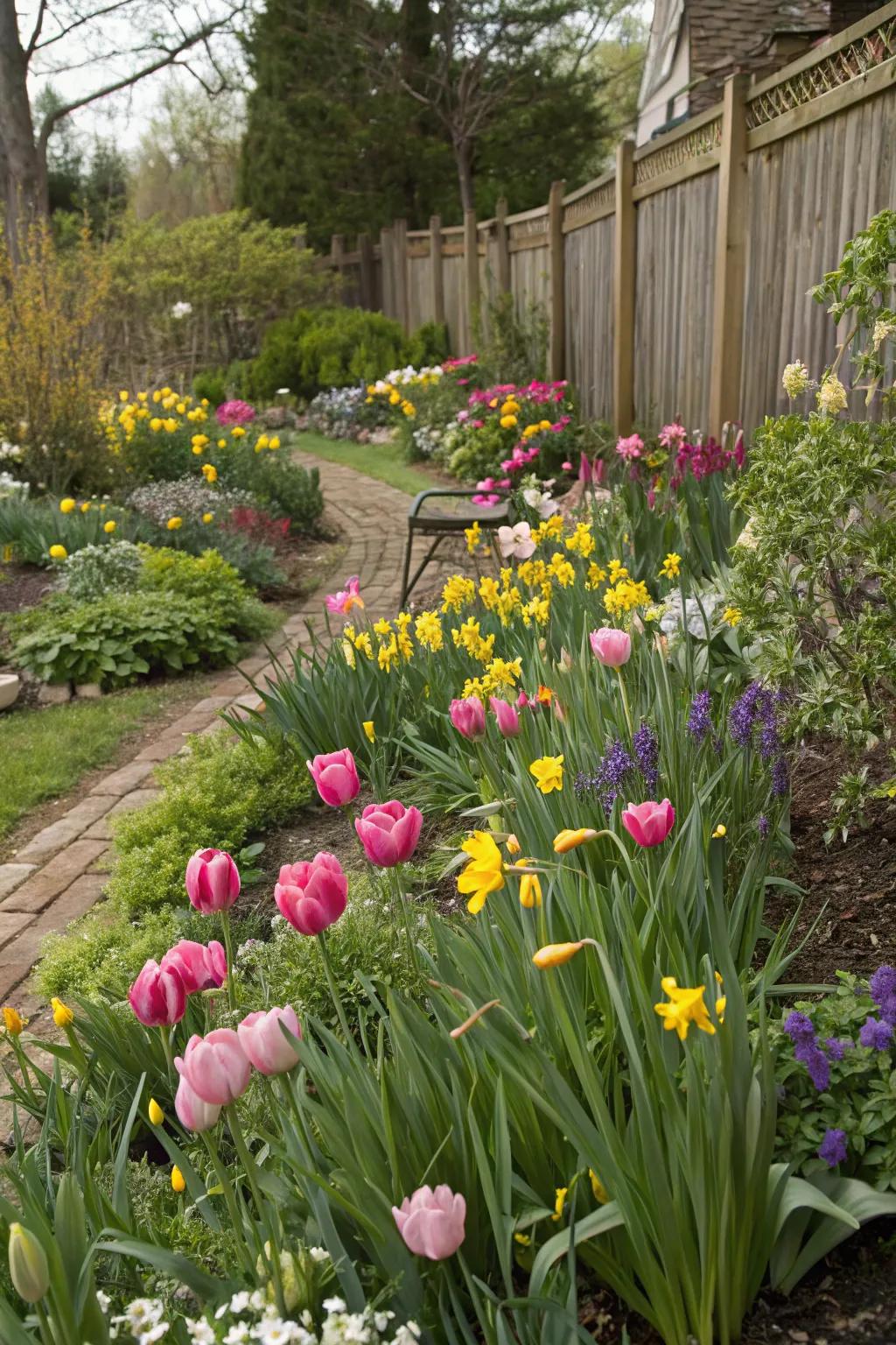 Tulips and daffodils nestled among perennials, forging a lush garden showcase.