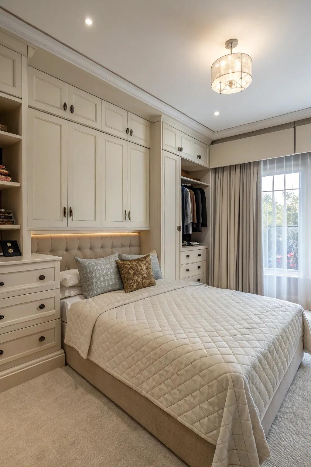 Functional storage maintains this expansive bedroom's sophistication and order.