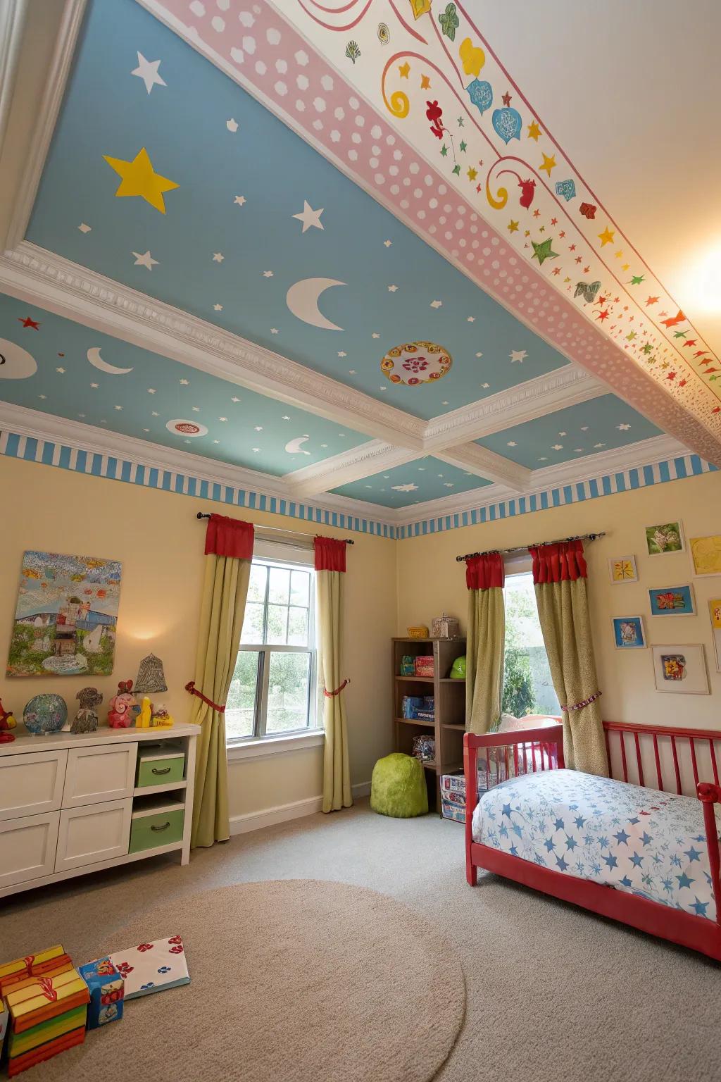 A playful offspring's quarters, featuring expansive crown molding delineating a fanciful ceiling design.