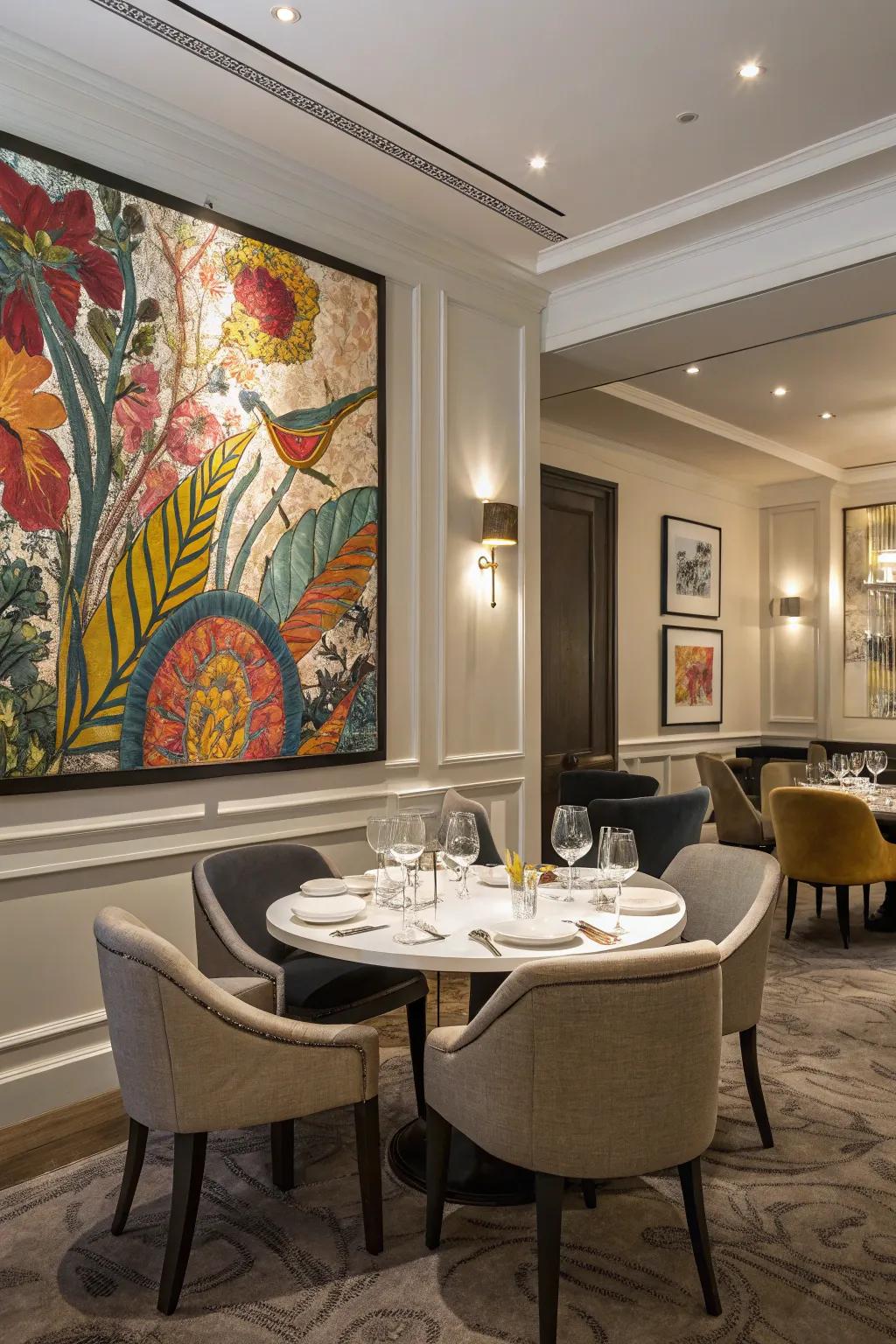 Artwork that enhances individuality and a dash of color within the dining space.