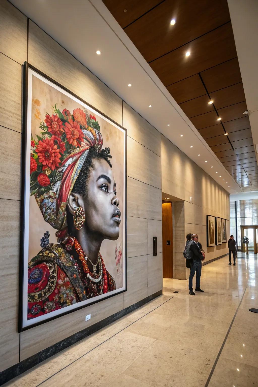 Oversized art prints create a remarkable visual impact on expansive walls.