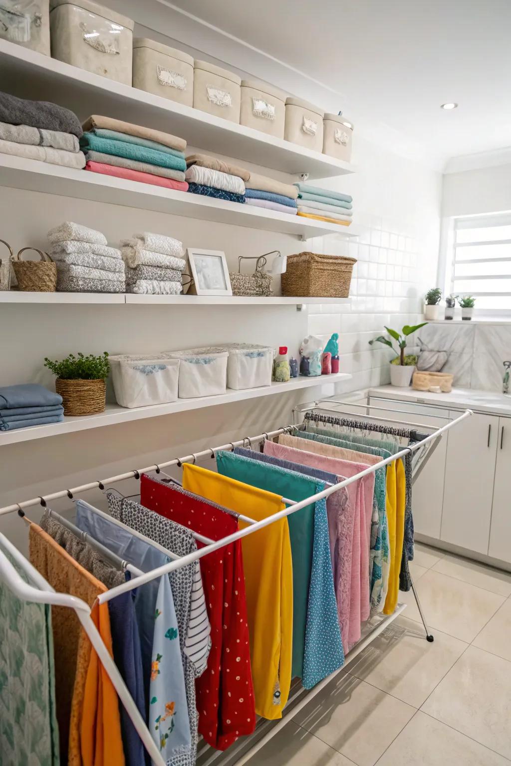 Under-shelf drying systems that optimize area in a compact laundry room.