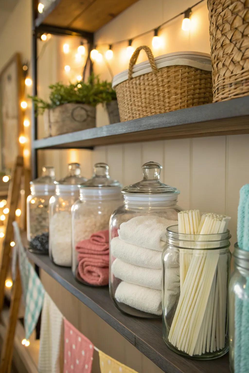 Jars can contain more than solely laundry supplies, enhancing utility.
