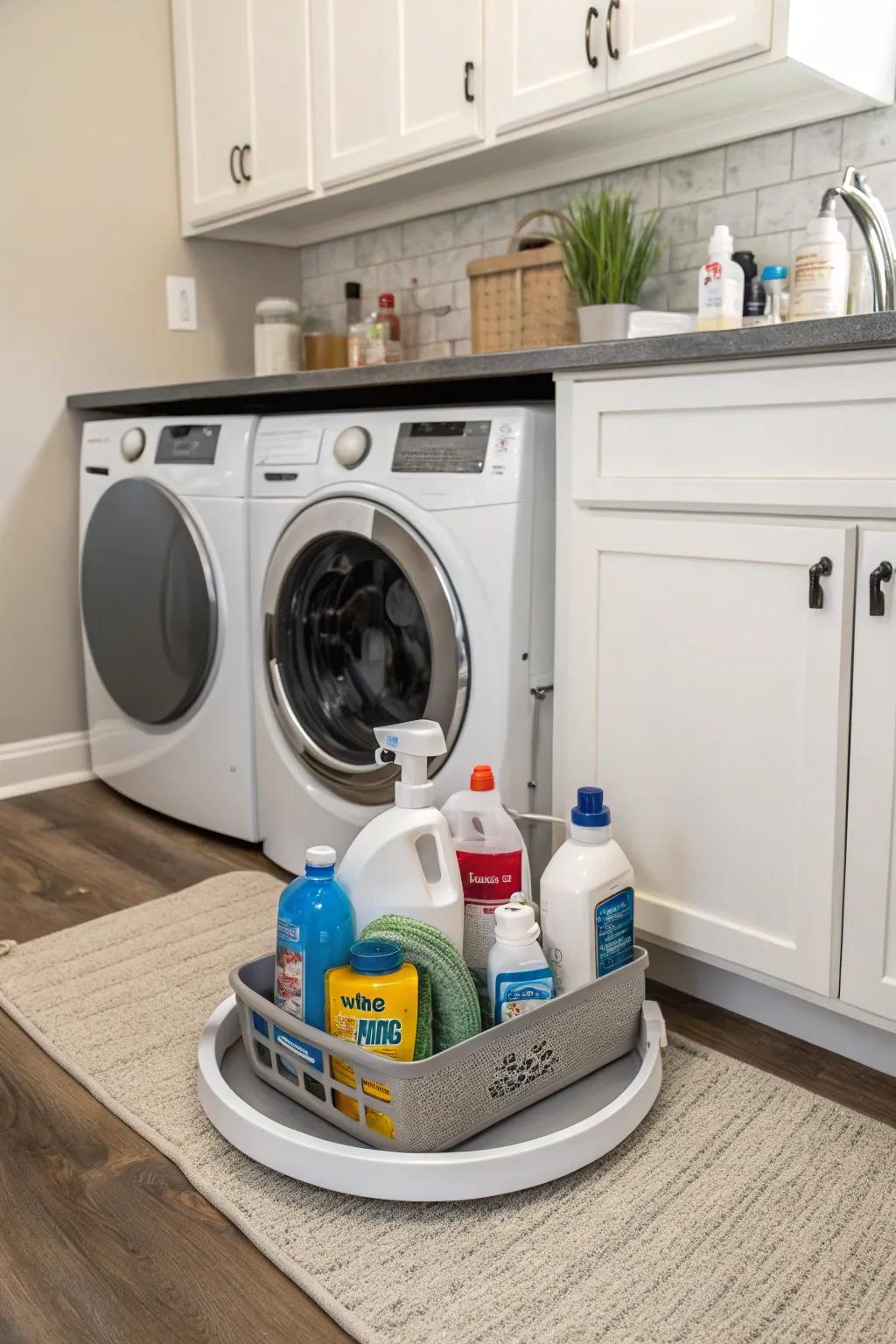 Use a skinny lazy Susan to improve space under the sink.