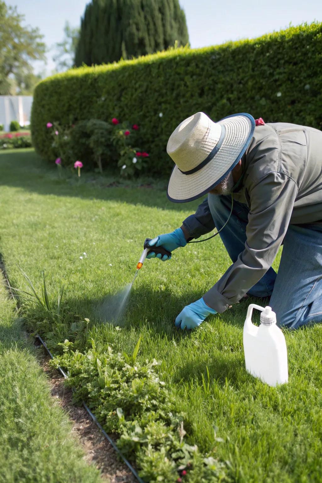 An attentive gardener sustaining a flawless lawn by spot-treating weeds.