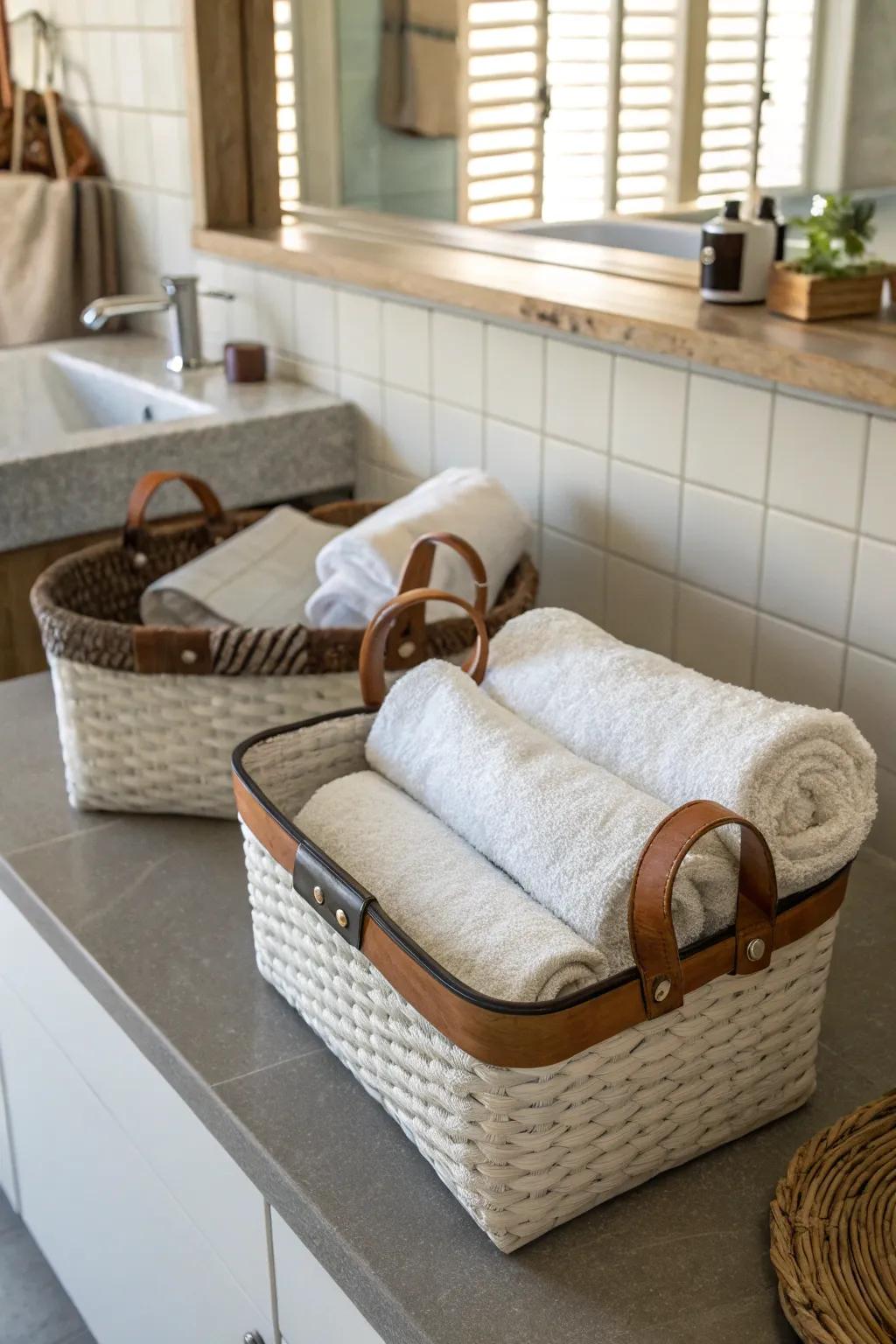 Leather trims elevate the appearance of simple baskets.
