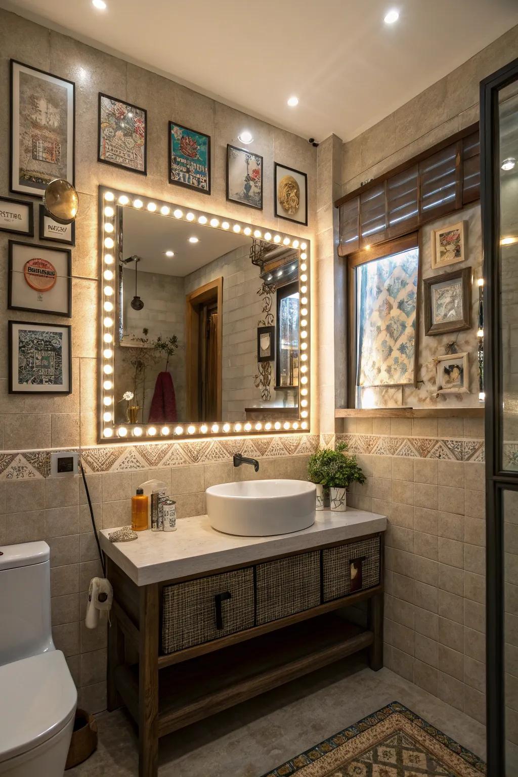 An eclectic bathroom design enhanced by a gallery of small LED mirrors.