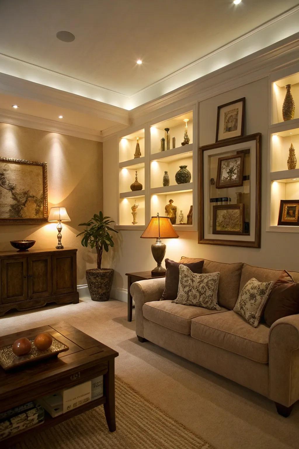 Modern nuance through integrated LED wall indentations.