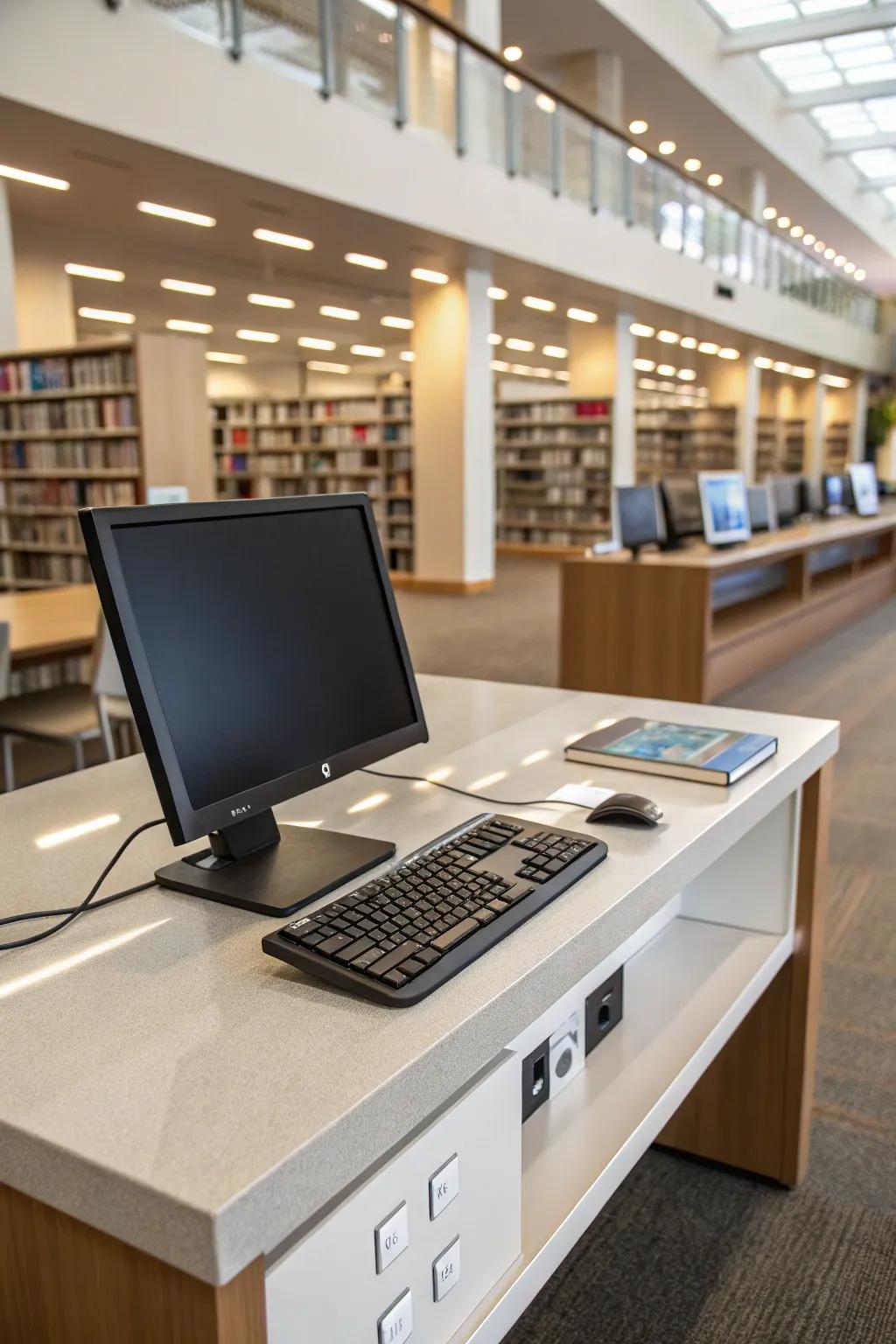A modern library desk featuring integrated technology, perfect for tech enthusiasts.