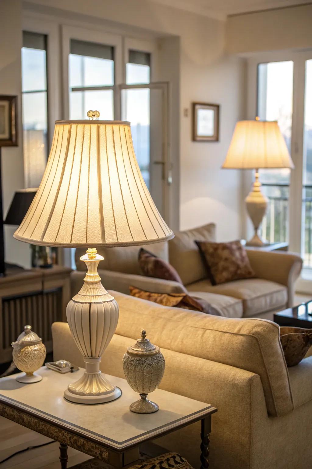 Light-shaded luminary guards aid in optimizing radiance and forming an airy sensation.