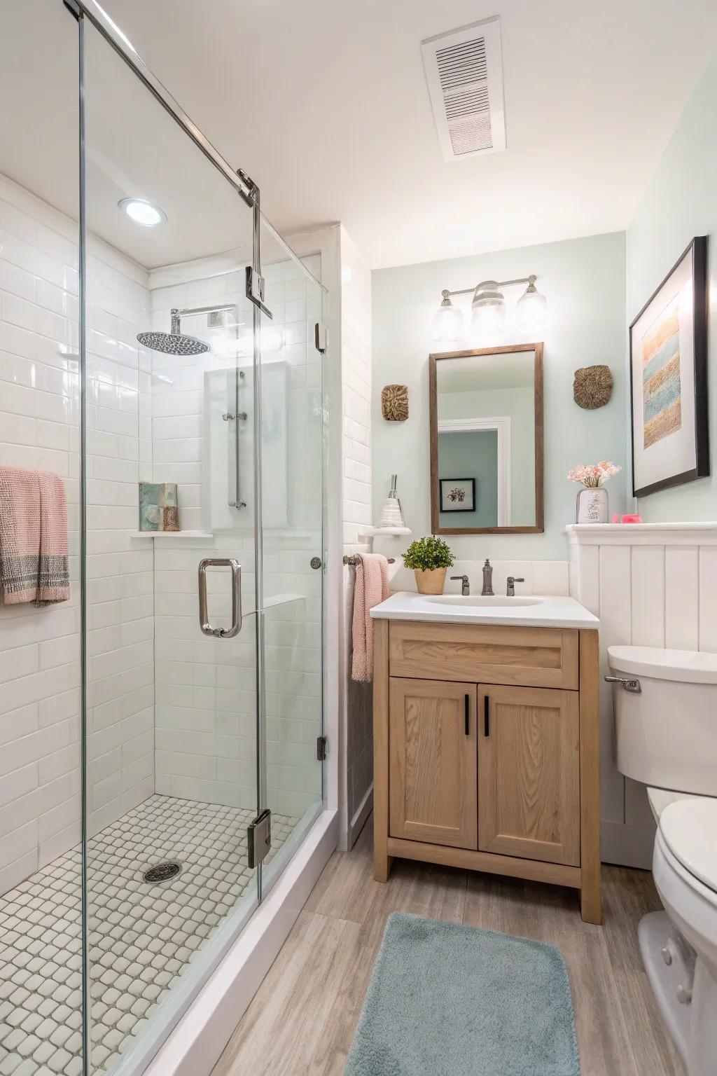 A walk-in shower optimizes space in a compact bathroom.