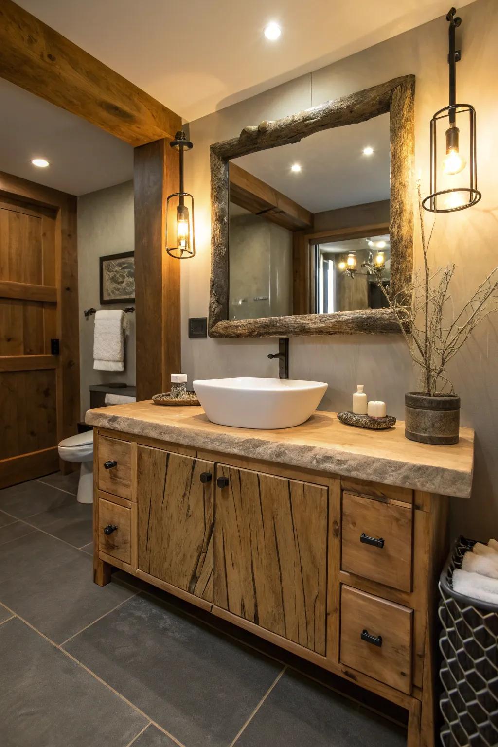 A bathroom vanity showcasing the rustic sophistication of a live edge countertop.