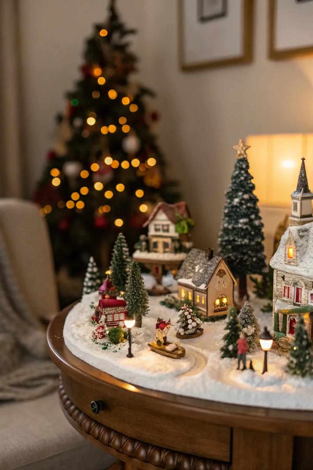 A miniature village display adds a whimsical and surprising element to your decor.