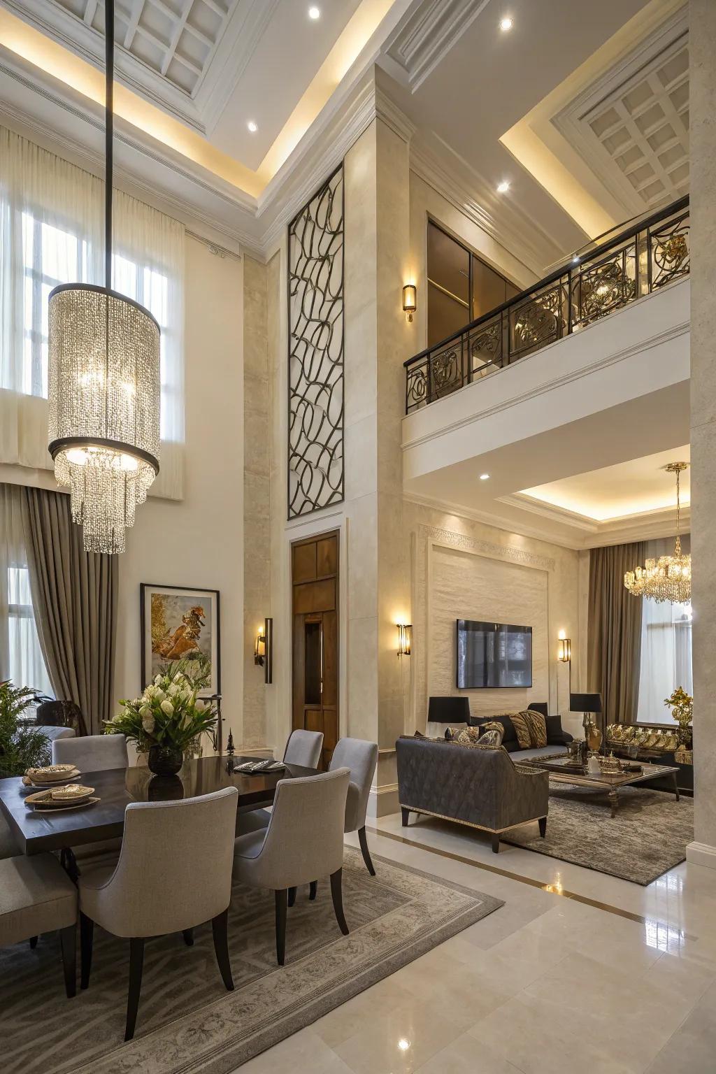 Vertical elements emphasize high ceilings, adding a sense of spaciousness.