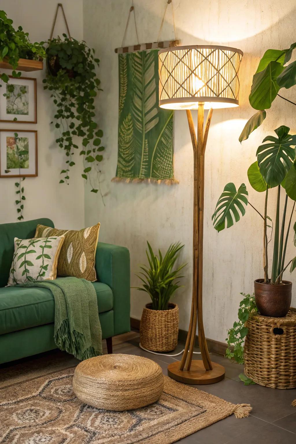 An eco-friendly family room featuring a sustainable floor lamp.