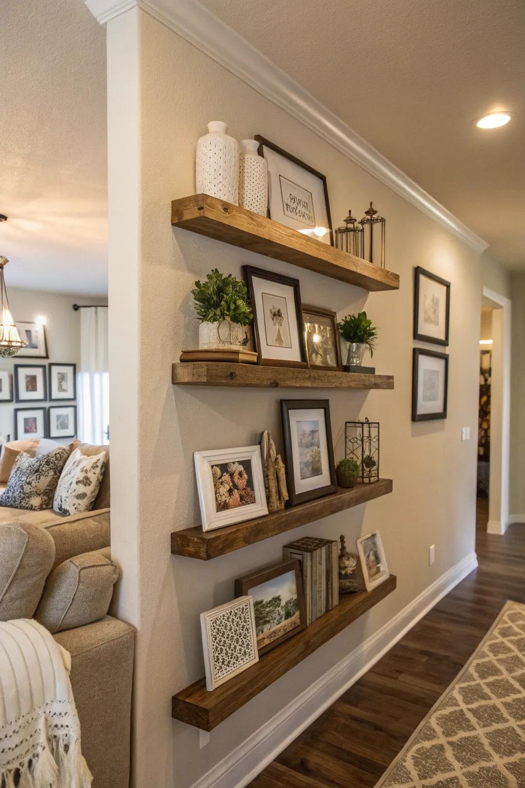 Floating ledges add depth and interest to your photo display.